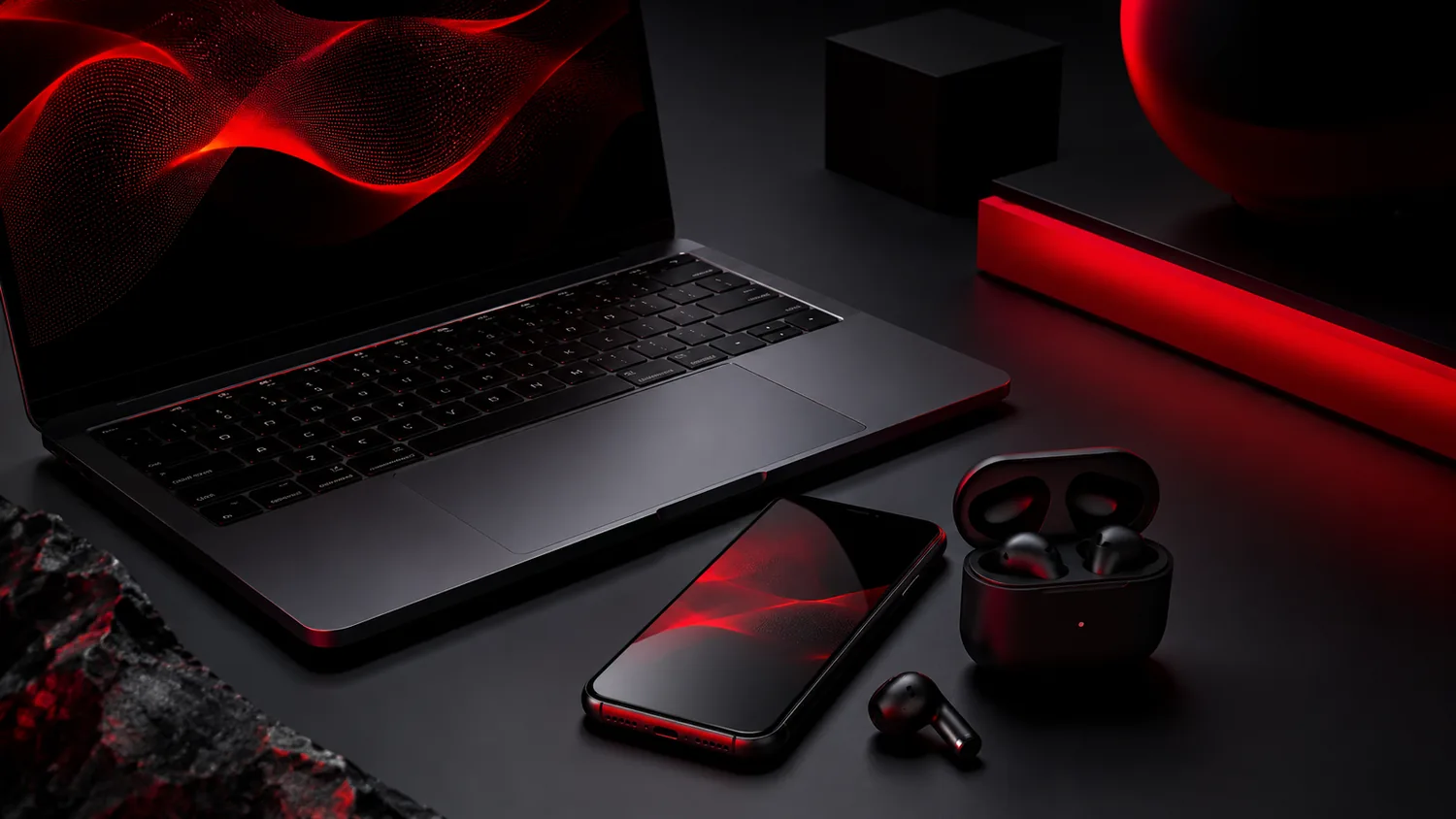 Laptop, phone and wireless earbuds on a dark red tech desk